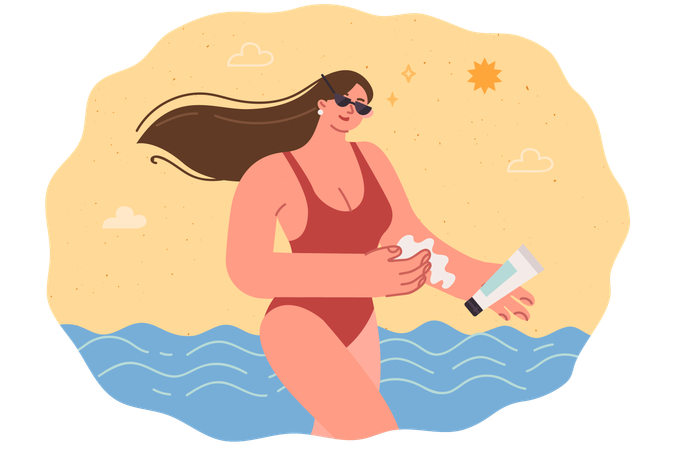 La mujer usa protector solar caminando por la playa en traje de baño y protegiendo la piel de la radiación ultravioleta  Ilustración