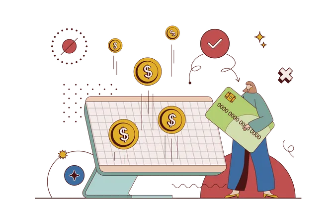 Una mujer usa una tarjeta virtual y administra sus cuentas financieras usando una aplicación de banca en línea  Ilustración