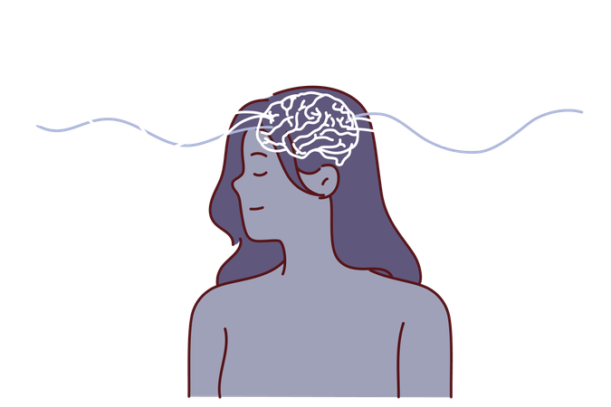 Mujer utiliza la telepatía posando con ondas que se propagan desde el cerebro para intercambiar información de forma remota  Ilustración