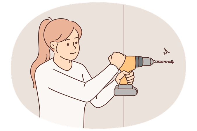 Una mujer usa un taladro eléctrico para crear un agujero en la pared y colgar un estante o un cuadro en el apartamento  Ilustración