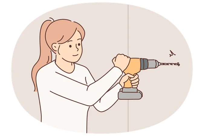 Una mujer usa un taladro eléctrico para crear un agujero en la pared y colgar un estante o un cuadro en el apartamento  Ilustración