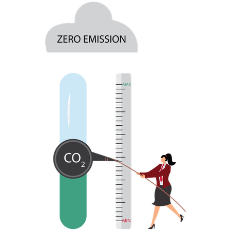 Una mujer usa una cuerda y tira de una flecha en una escala de medición para reducir el CO2.  Ilustración