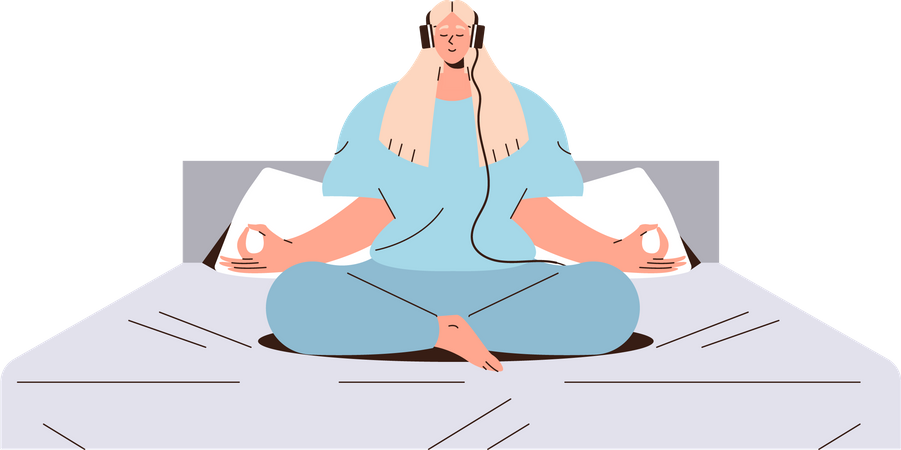 Mujer usando audífonos meditando escuchando capacitación en línea en internet disfrutando de meditación guiada  Ilustración