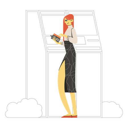 Mujer usando cajero automático del banco  Ilustración