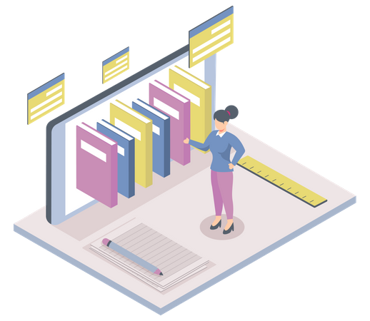 Mujer usando biblioteca digital  Ilustración