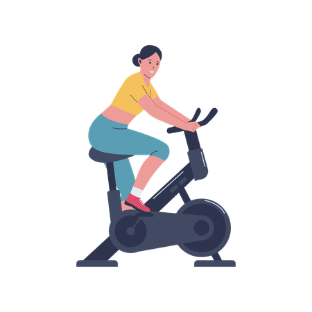 Mujer usando bicicleta de gimnasio  Ilustración