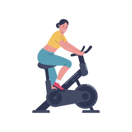 Mujer usando bicicleta de gimnasio  Ilustración