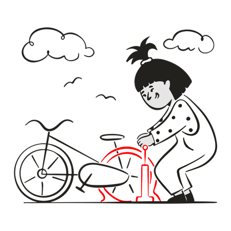 Mujer usando bomba llenando aire en llanta pinchada  Ilustración