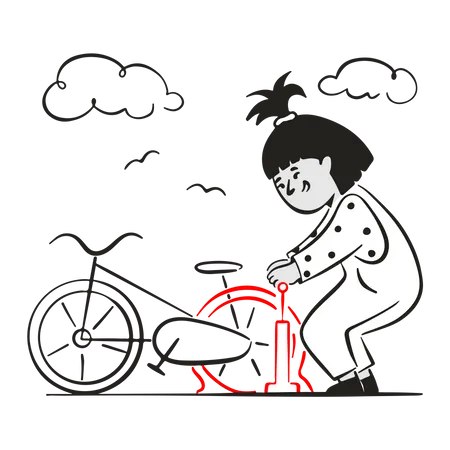 Mujer usando bomba llenando aire en llanta pinchada  Ilustración