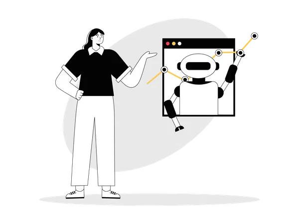 Mujer usando robot de comercio en línea  Ilustración
