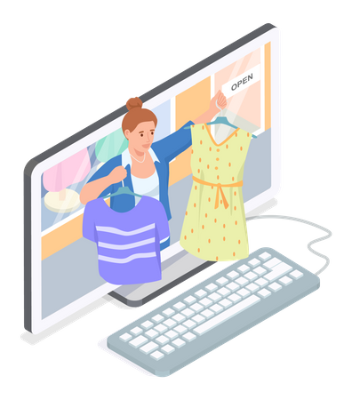Mujer usando computadora para vender vestidos en línea  Ilustración