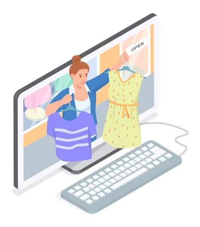 Mujer usando computadora para vender vestidos en línea  Ilustración