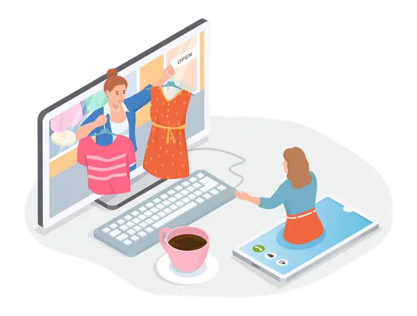 Mujer que usa computadora y teléfono inteligente para elegir vestido en el sitio web, concepto de compras en línea, comercio electrónico  Ilustración