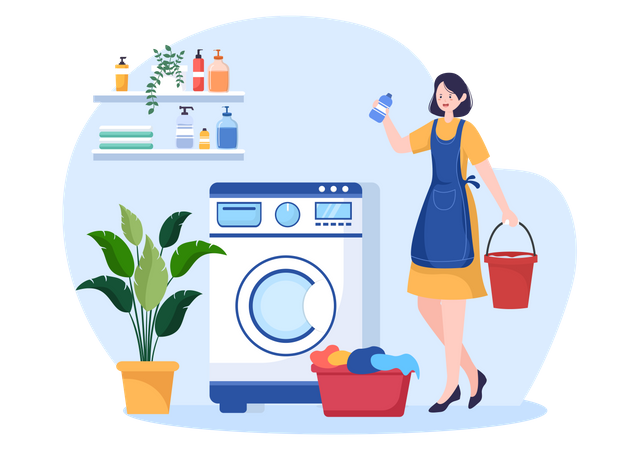Mujer usando detergente en polvo  Ilustración