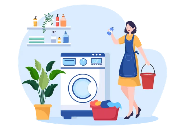 Mujer usando detergente en polvo  Ilustración