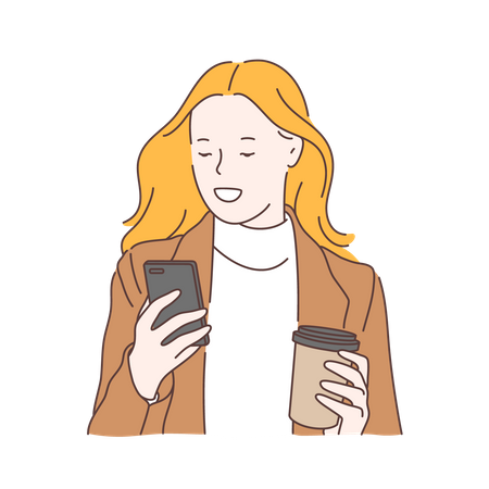 Mujer usando móvil y sosteniendo una taza de café  Ilustración