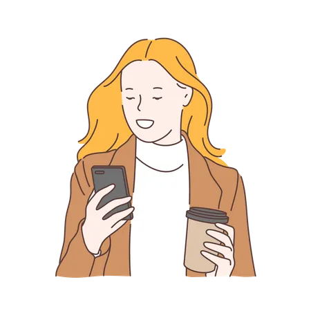 Mujer usando móvil y sosteniendo una taza de café  Ilustración