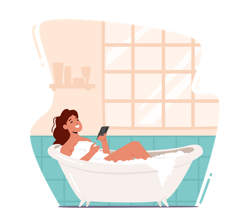 Mujer usando el teléfono mientras se baña en la bañera  Ilustración