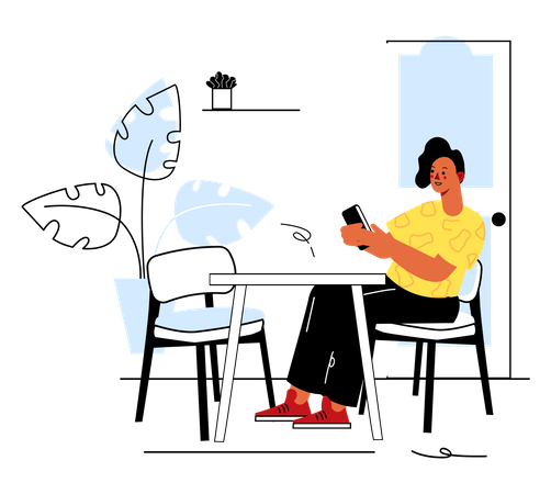 Mujer usando el teléfono mientras está sentada en la mesa  Ilustración