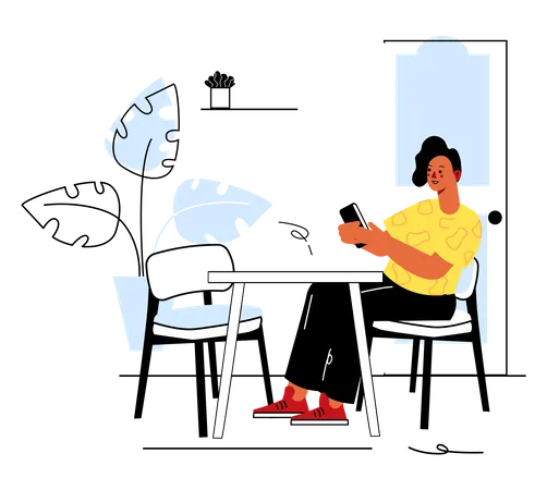 Mujer usando el teléfono mientras está sentada en la mesa  Ilustración