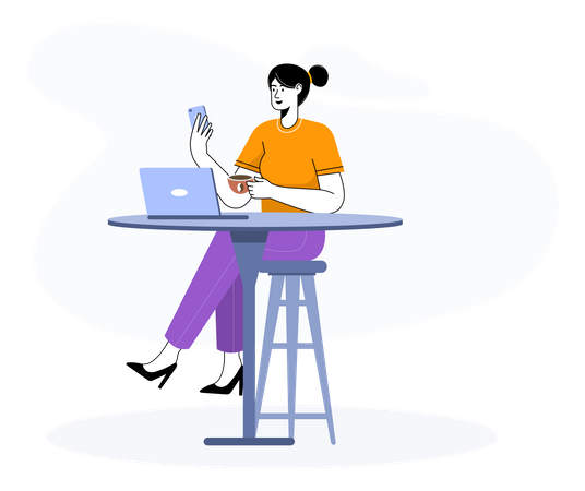 Mujer usando gadget en cafe  Ilustración