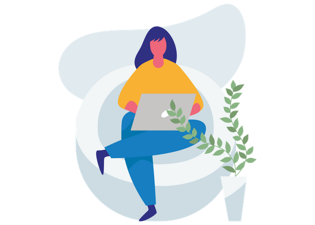 Mujer usando laptop y sentada en el sofá  Ilustración