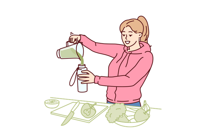 Mujer usando licuadora para hacer batido de verduras durante la dieta de desintoxicación  Ilustración