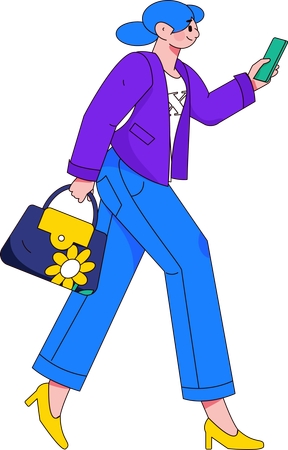 Mujer usando móvil y sosteniendo bolso  Ilustración