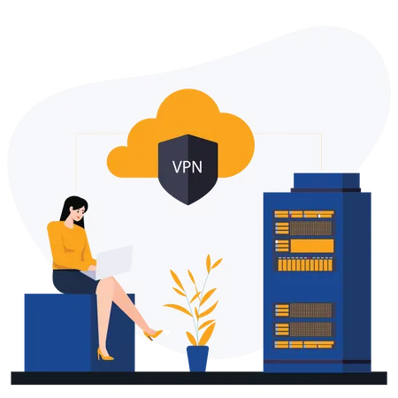 Mujer usando VPN en la nube  Ilustración