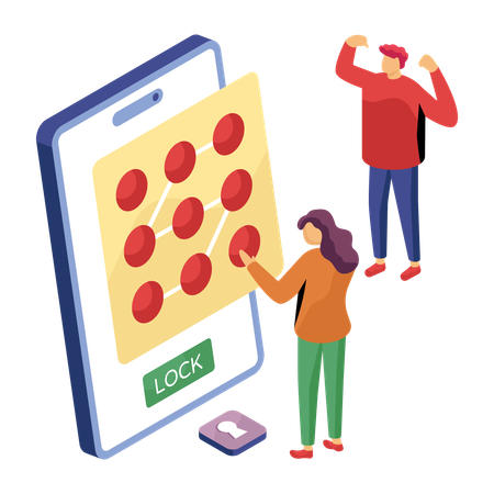 Mujer que usa patrón de desbloqueo para seguridad de teléfonos inteligentes  Ilustración