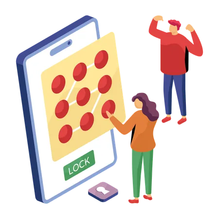 Mujer que usa patrón de desbloqueo para seguridad de teléfonos inteligentes  Ilustración