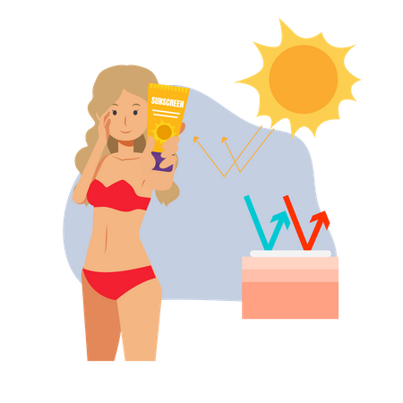 Mujer usando protector solar en verano  Ilustración