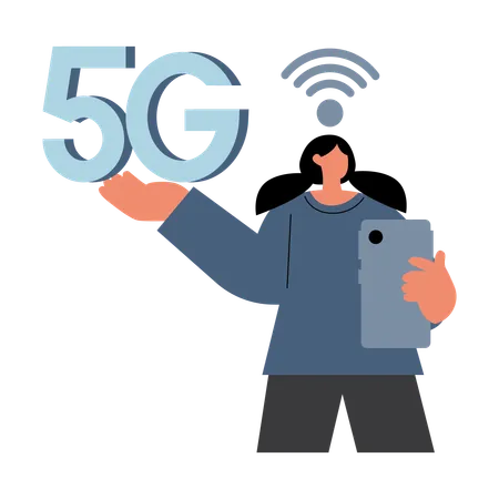 Mujer usando red 5G en teléfono inteligente  Ilustración