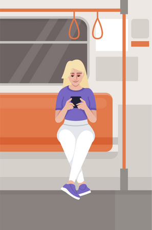 Mujer usando teléfono inteligente en tren  Ilustración