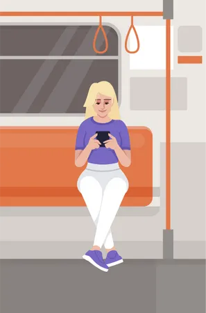 Mujer Con Telefono Inteligente En Tren Ilustracion Vectorial Semi Plana Mujer Sosteniendo El Telefono En El Transporte Publico La Persona Se Sienta En El Viajero En La Zona Wifi Personajes De Dibujos Animados 2 D De Pasajeros De Metro Para Uso Comercial Ilustración