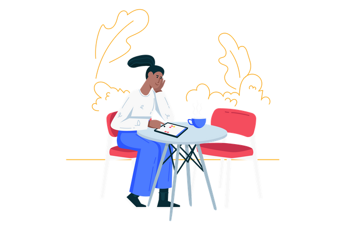 Mujer usando tableta gráfica y sentada en la mesa con una taza de café  Ilustración