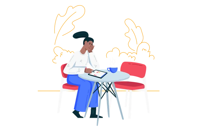 Mujer usando tableta gráfica y sentada en la mesa con una taza de café  Ilustración