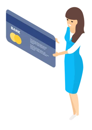Mujer que usa tarjeta de crédito para transacciones bancarias  Ilustración
