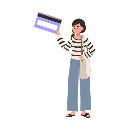 Mujer usando tarjeta de crédito para transacciones fáciles.  Ilustración