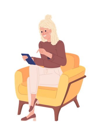 Mujer usando teléfono móvil en silla  Ilustración