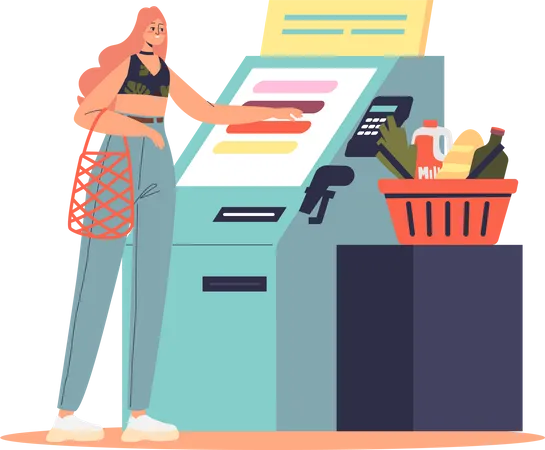 Mujer utilizando terminal de cajero de autoservicio en el supermercado  Ilustración