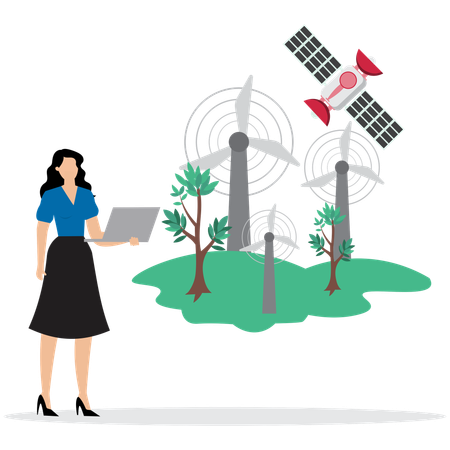 Mujer usando un molino de viento de energía renovable  Ilustración