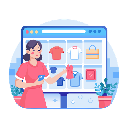 Mujer usando un sitio web de compras  Ilustración