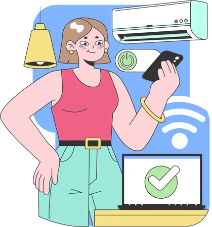 Mujer que usa un teléfono inteligente para controlar el aire acondicionado, la iluminación y la computadora portátil.  Ilustración