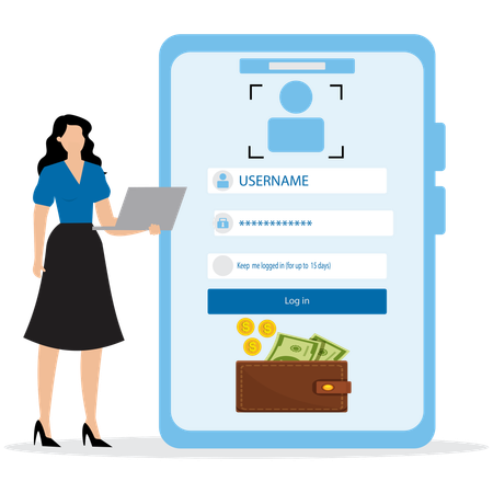 Mujer usando la aplicación Blockchain Wallet  Ilustración