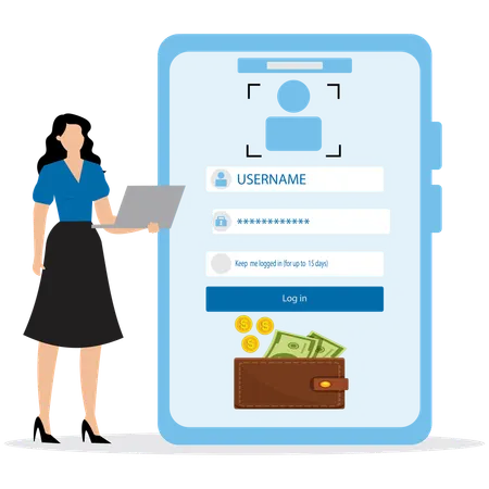 Mujer usando la aplicación Blockchain Wallet  Ilustración