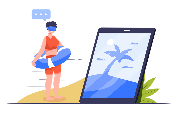 Mujer usa auriculares con gafas digitales de realidad virtual para simulador de playa  Ilustración