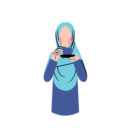 Mujer usa hijab tomando café en taza y platillo  Ilustración