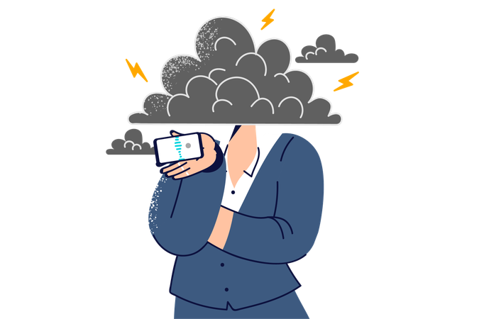 La mujer utiliza tecnologías en la nube para intercambiar mensajes con colegas y pararse bajo la cabeza cubierta de nubes  Ilustración