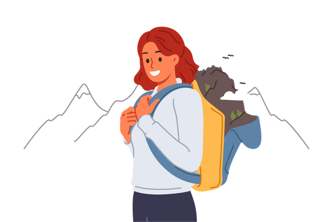 Una mujer va de excursión a las montañas posando con ropa de exterior y una mochila para sus pertenencias personales  Ilustración